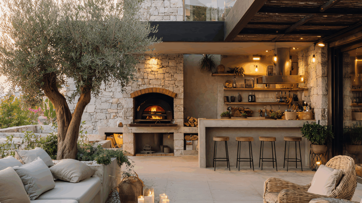 A calm and relaxing outdoor patio with a stylish seating area, outdoor kitchen, fireplace, and warm evening lighting.